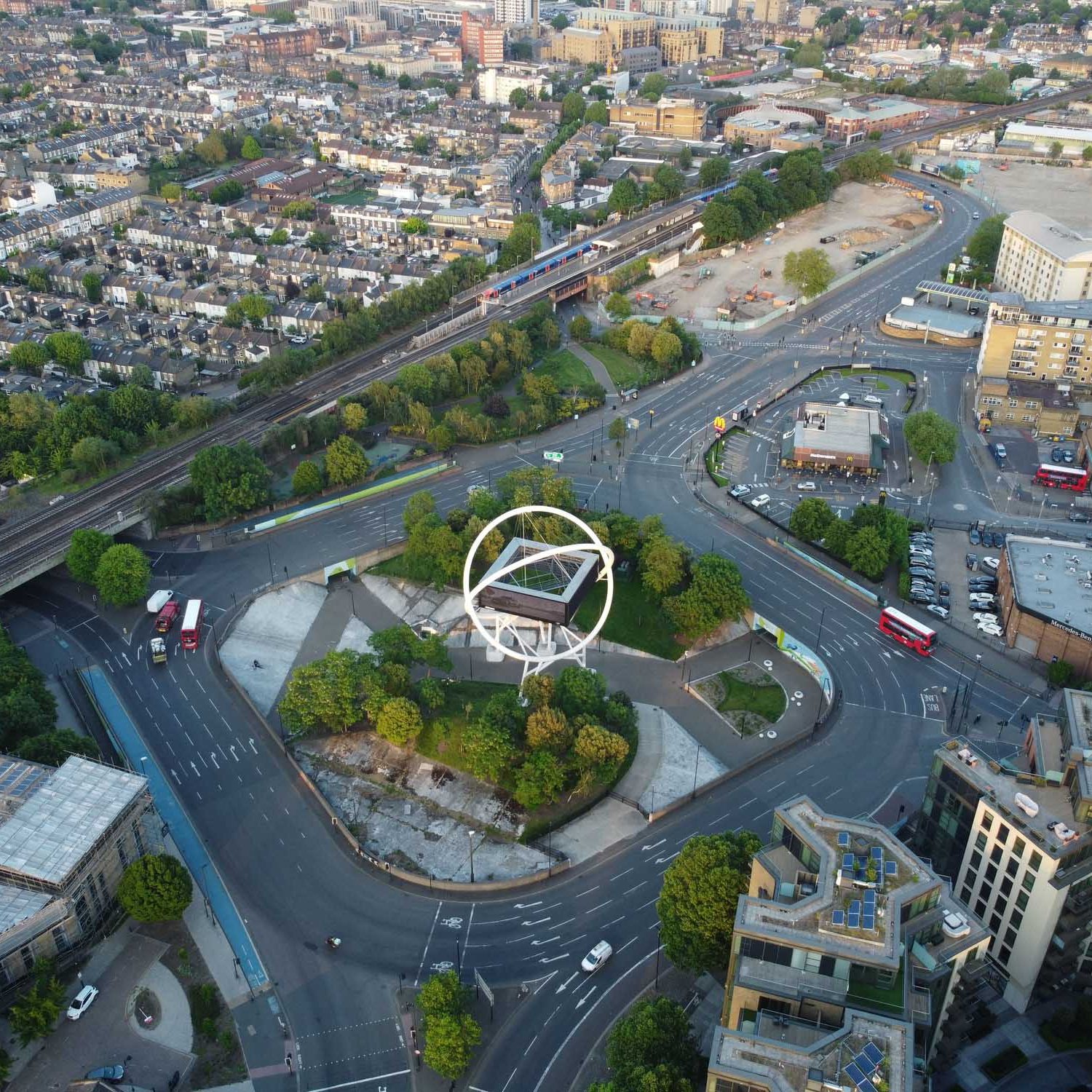 An aerial view of Wandsworth roundabout in London, UK